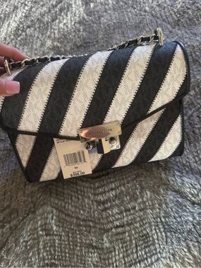 Michael Kors Black and White Diagonal Stripe Chain Crossbody